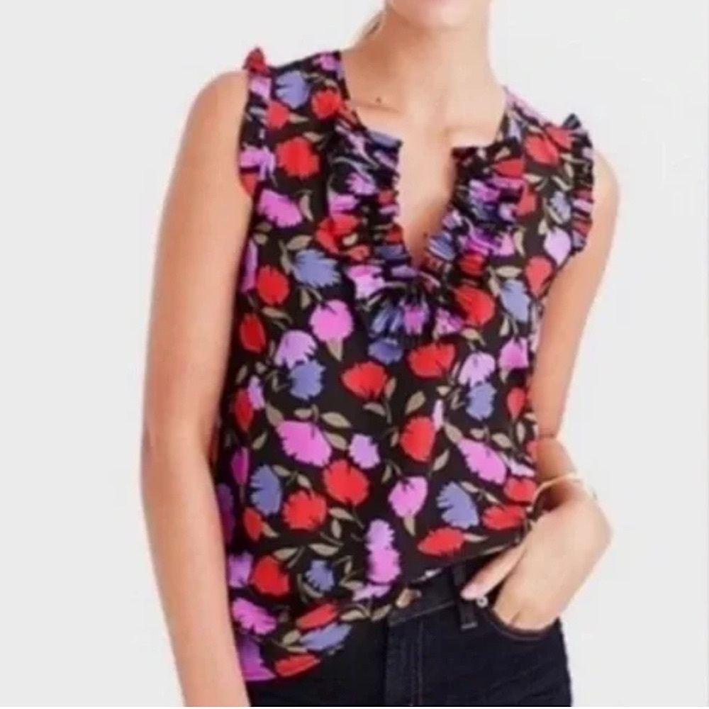 J. Crew Silk Margot Floral Ruffle Blouse - Black, Red, Purple, Pink
